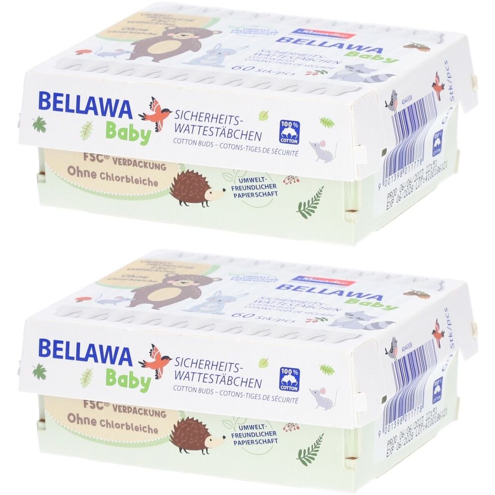 Zwei Kartons Watte-Stäbchen. Aufdruck: Baby, FSC-Verpackung, ohne Chlorbleiche, Sicherheits-Wattestäbchen.