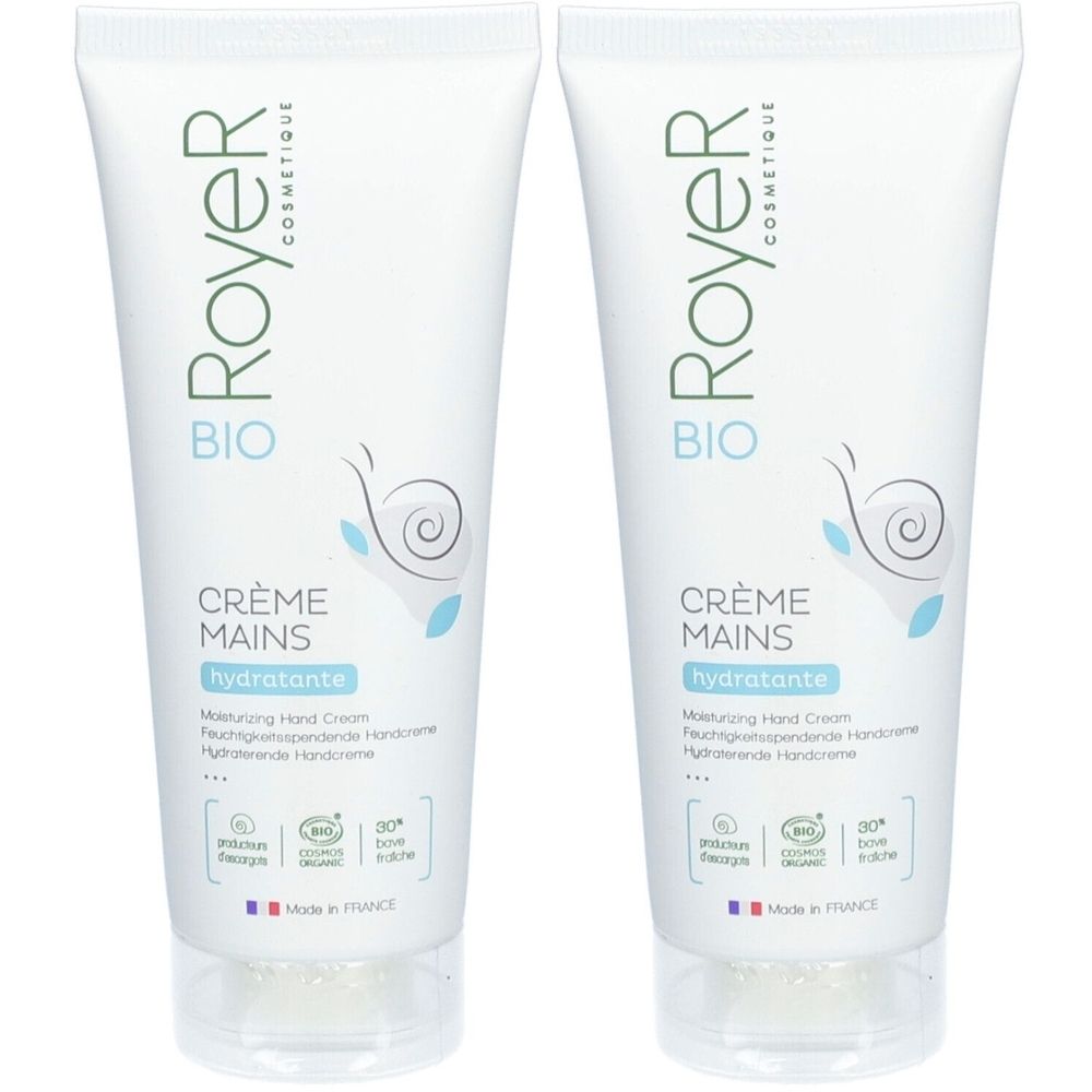 Zwei weiße Tuben Handcreme mit grüner Aufschrift. Aufschrift: Royer, Bio, Crème Mains hydratante. Mit Schnecken-Symbol.
