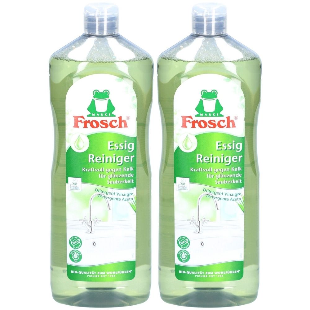 Zwei Flaschen Frosch Essig Reiniger. Grüne Flüssigkeit in durchsichtigen Flaschen. Etikett mit Frosch-Logo und Produktinformationen.
