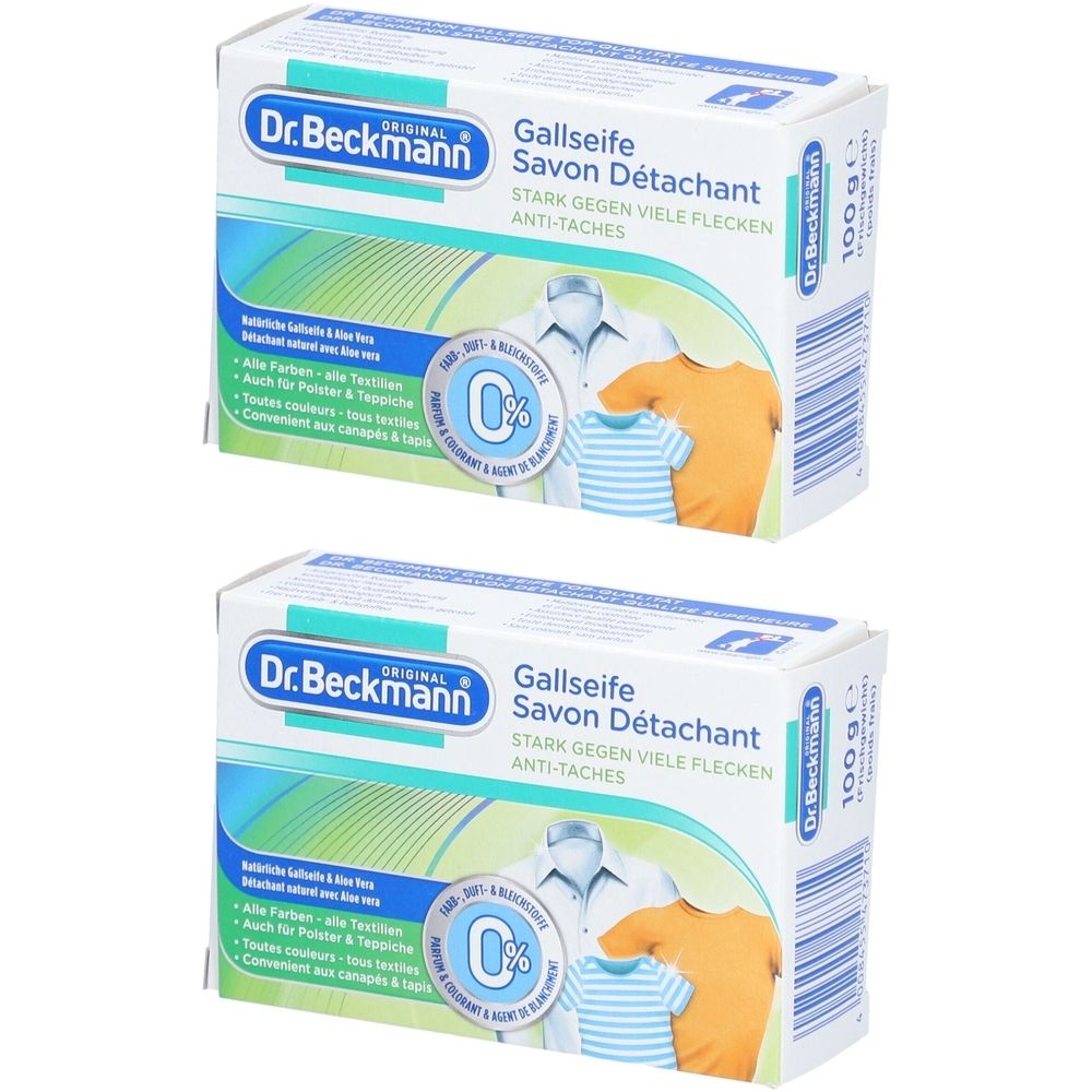Zwei Kartons Fleckenseife. Aufdruck: Dr. Beckmann, Gallseife, Savon Détachant. Abbildung von Kleidungsstücken. 100g.