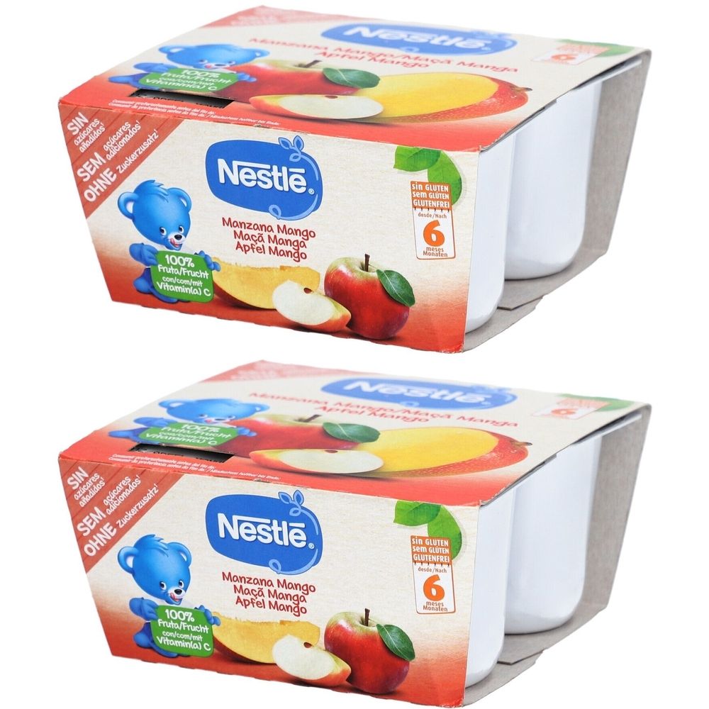 Zwei Packungen Baby-Dessert. Jede Packung enthält 6 Becher. Aufdruck: Nestlé, Apfel Mango. Ohne Zuckerzusatz.