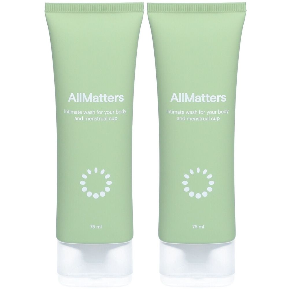Zwei grüne Tuben mit weißem Verschluss. Auf jeder Tube steht "AllMatters" und "Intimate wash for your body and menstrual cup".