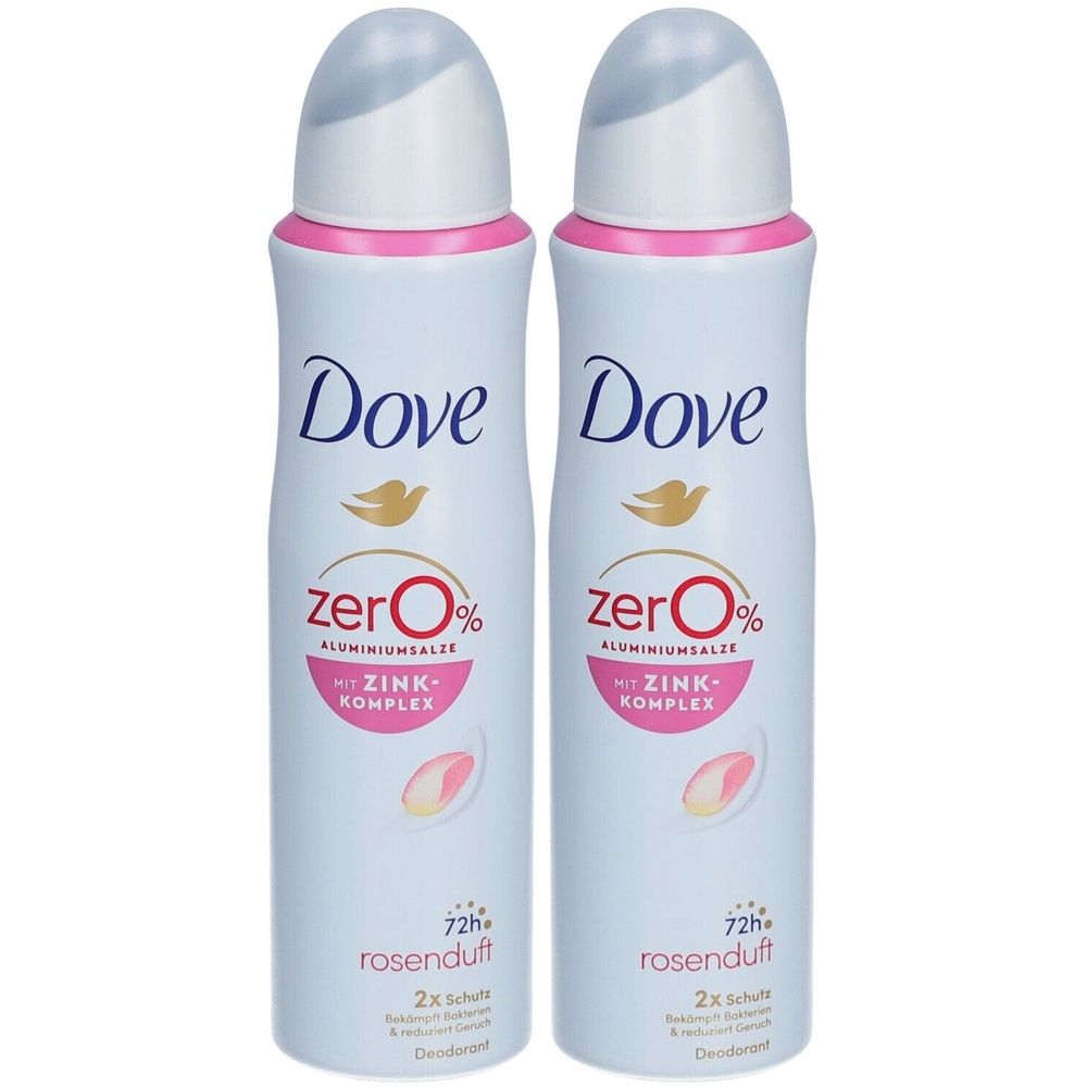 Zwei Deosprays mit Dove-Logo, weiß, rosa und grau. Aufschrift: zero% Aluminiumsalze, Zink-Komplex, Rosenduft.