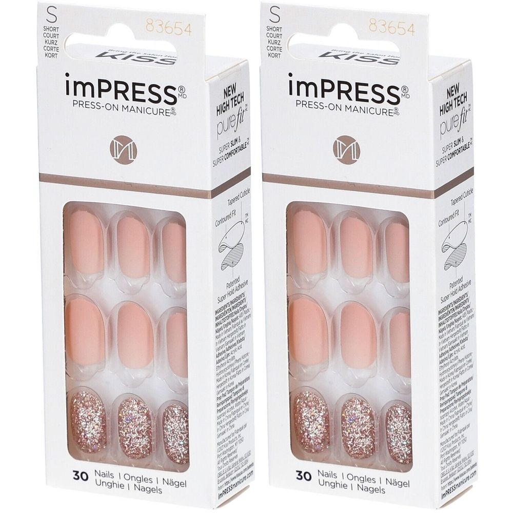 Zwei Packungen mit künstlichen Nägeln. Die Verpackung zeigt den Markennamen Kiss imPRESS. 30 Nägel pro Packung.