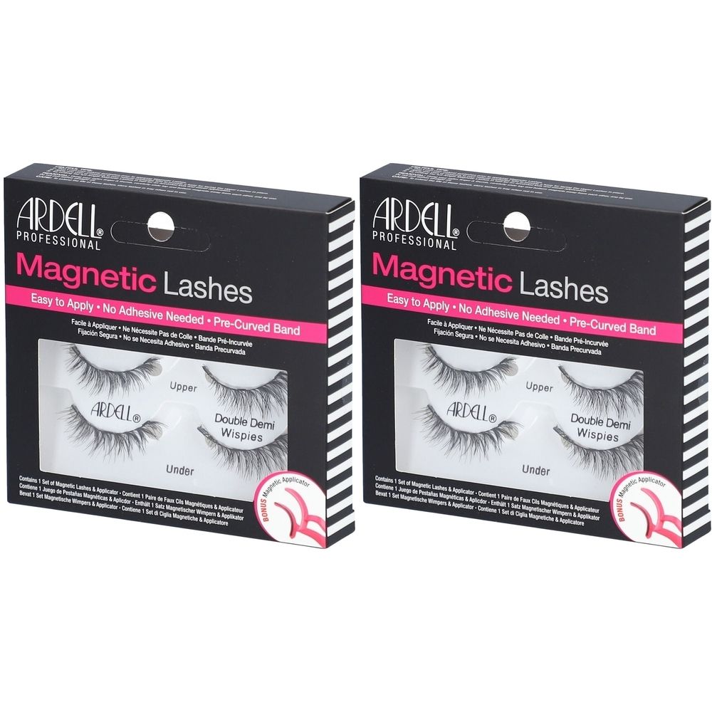 Zwei Packungen Ardell Magnetic Lashes. Schwarze Verpackung mit weißem Streifenmuster. Produktname und Wimpern deutlich sichtbar.