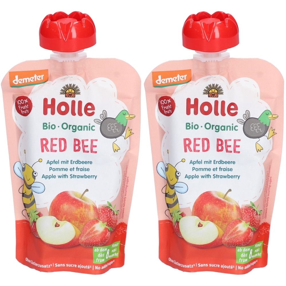 Zwei Quetschbeutel mit rotem Deckel. Aufschrift: Holle Bio-Organic Red Bee Apfel mit Erdbeere. Demeter-Siegel und Frucht-Logo.
