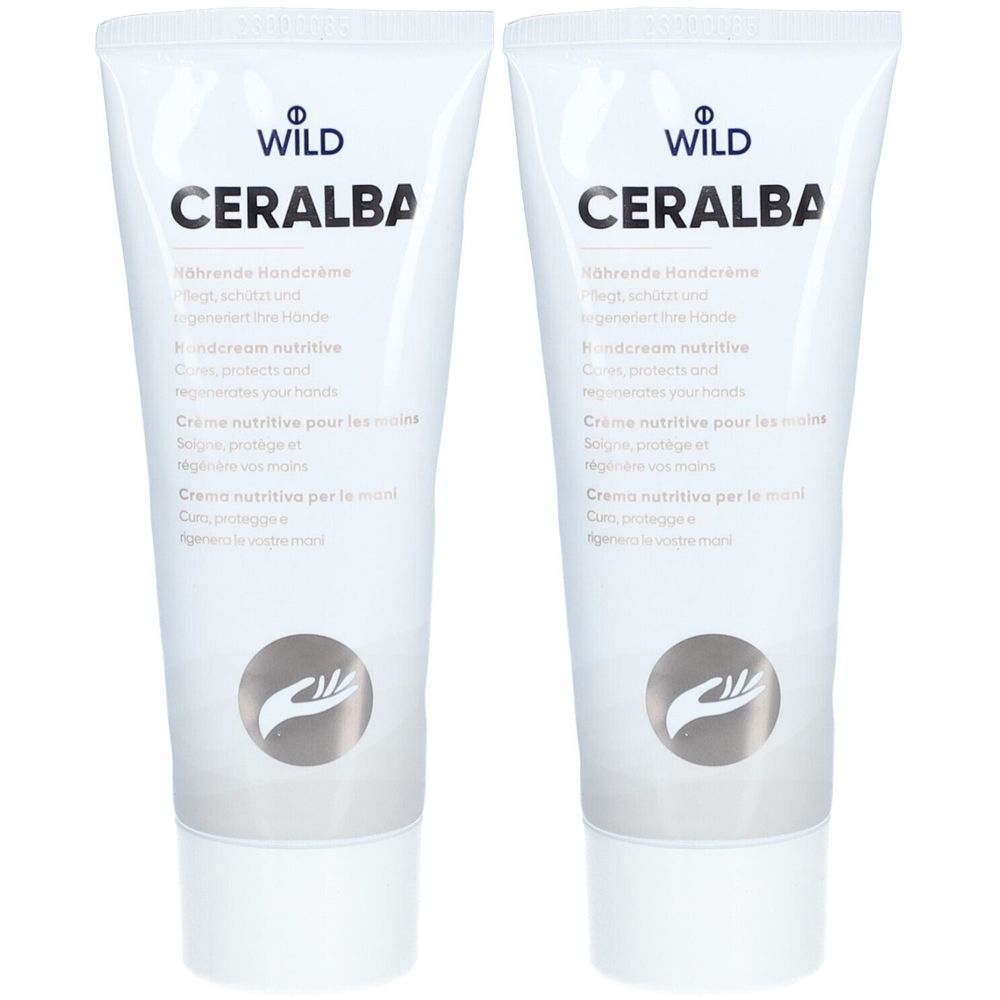 Deux tubes de crème pour les mains CERALBA. Inscription Handcreme nutritive. Tubes blancs avec logo et texte argentés.