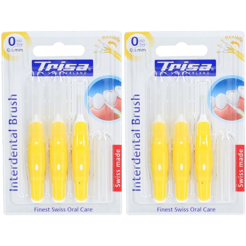 Zwei Blisterpackungen mit gelben Interdentalbürsten. Aufschrift: Trisa, Swiss made, 0, 0.5mm.
