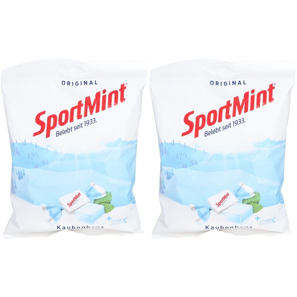 Zwei Beutel mit weißer Verpackung. Aufschrift: SportMint, Original, seit 1933. Abbildung von Bonbons und Minze. Kaubonbons.