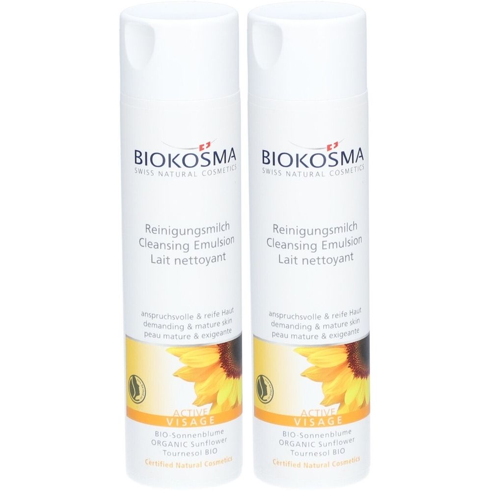Deux flacons blancs avec étiquette BIOKOSMA. Inscription: Reinigungsmilch, Cleansing Emulsion, Lait nettoyant. Motif tournesol.