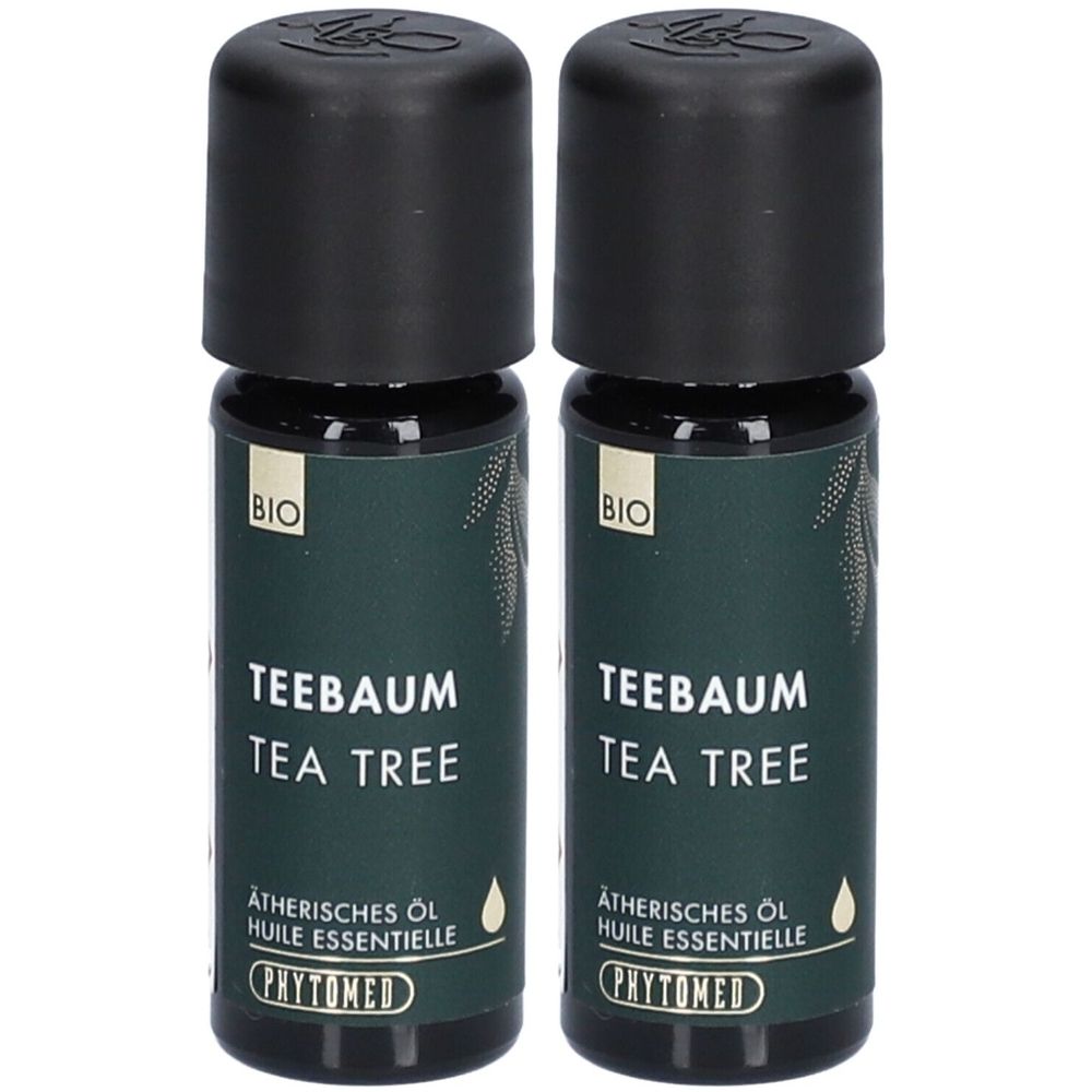 Deux flacons d'huile essentielle. Inscription : Teebaum, Tea Tree, BIO. Marque : Phytomed.