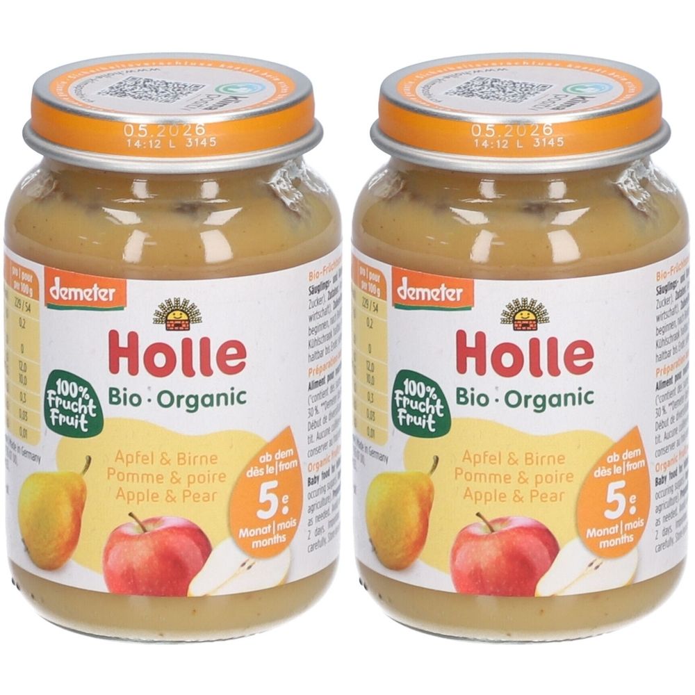 Deux pots de Holle Bio-Pomme et Poire. Inscription : Holle, Bio-Organic, 100% Fruit. Label Demeter. A consommer de préférence avant 05.2026. Dès 5 mois.