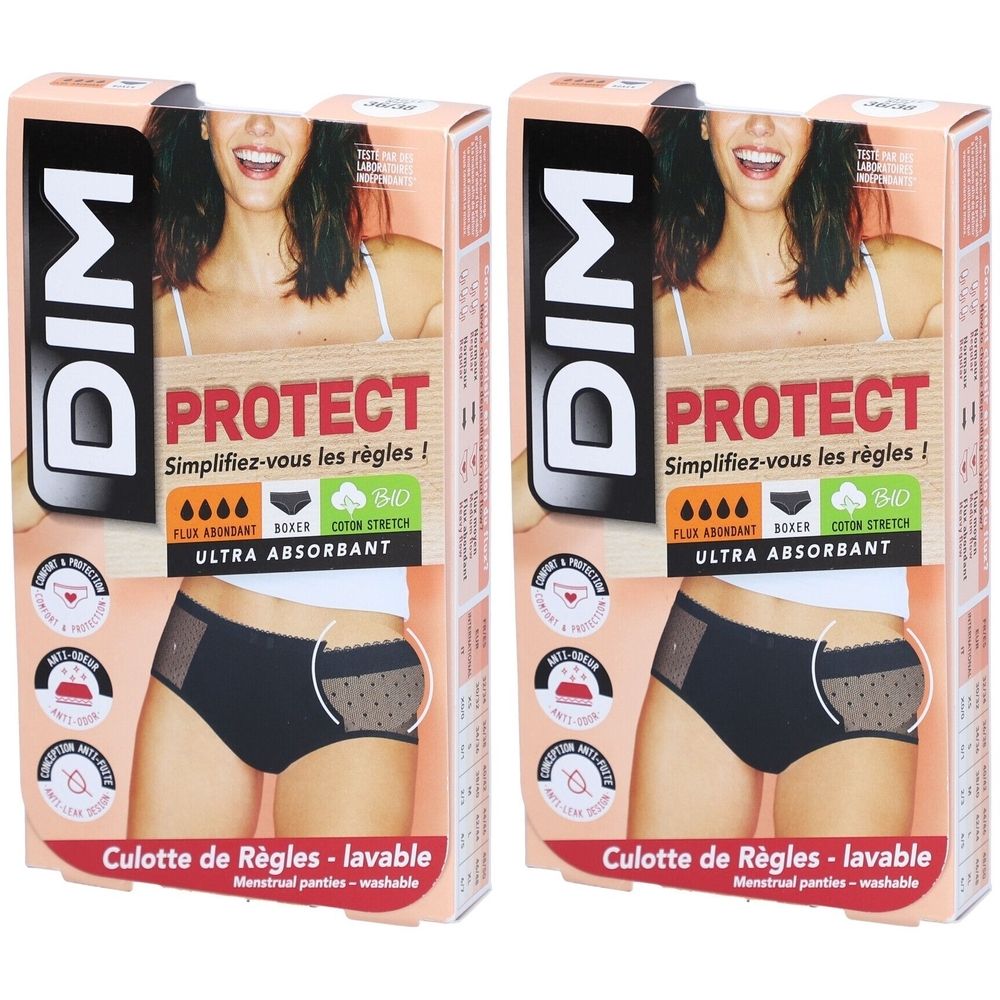 Zwei Verpackungen von DIM Protect Menstruationshöschen. Schwarze Boxer-Hose mit Spitze, ultra-saugfähig. Aufdruck: Bio-Baumwolle.