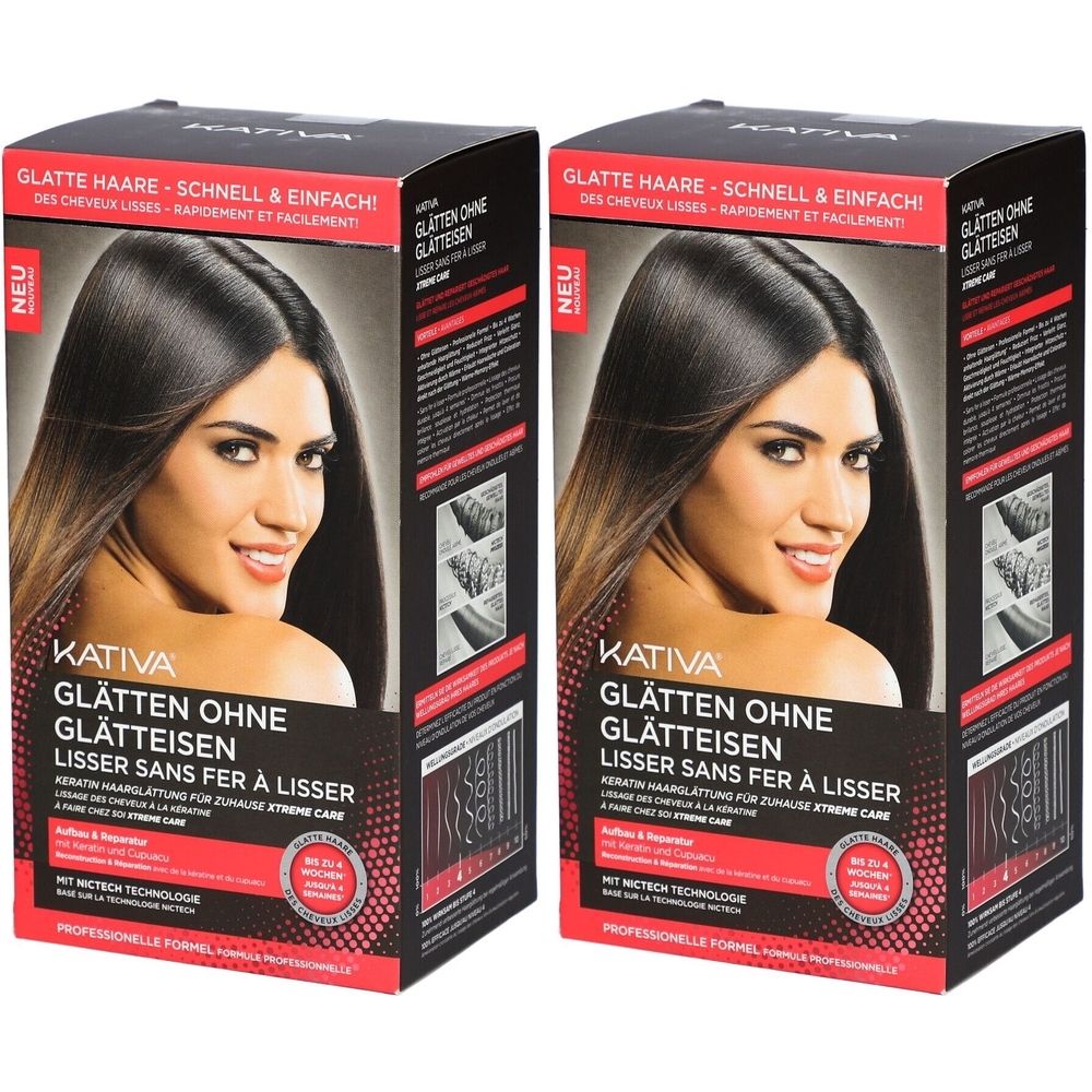 Zwei Kartons mit Kativa Glätten ohne Glätteisen. Aufdruck: glatte Haare, schnell & einfach. Abgebildet ist eine Frau mit glattem Haar.