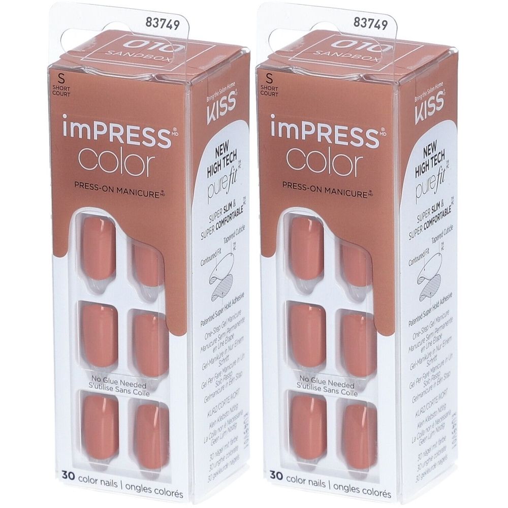 Zwei Packungen falscher Nägel. Rechteckige Form, rosa-braune Farbe. Marke: imPRESS Color. Verpackung mit 30 Nägeln.
