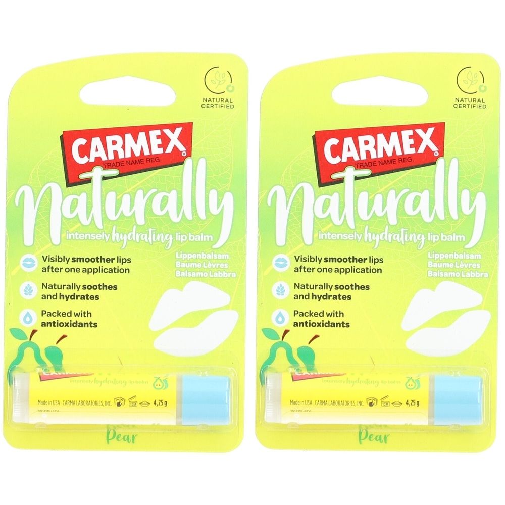Deux sticks de baume à lèvres CARMEX Naturally. Emballage vert et blanc. Certifié. Contient des antioxydants.