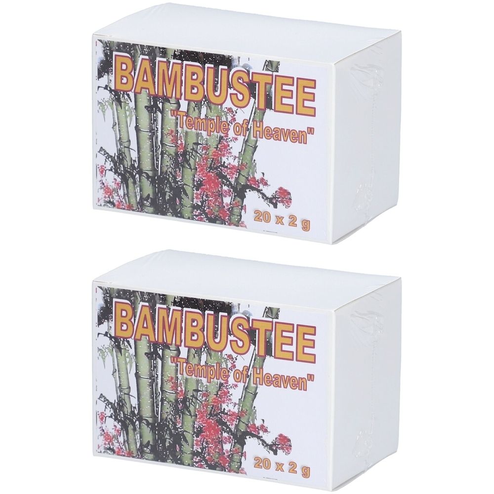 Zwei weiße Kartons mit "Bambustee"-Aufdruck, Bambus- und Blütenmotiv. Text: "Temple of Heaven", "20 x 2 g".
