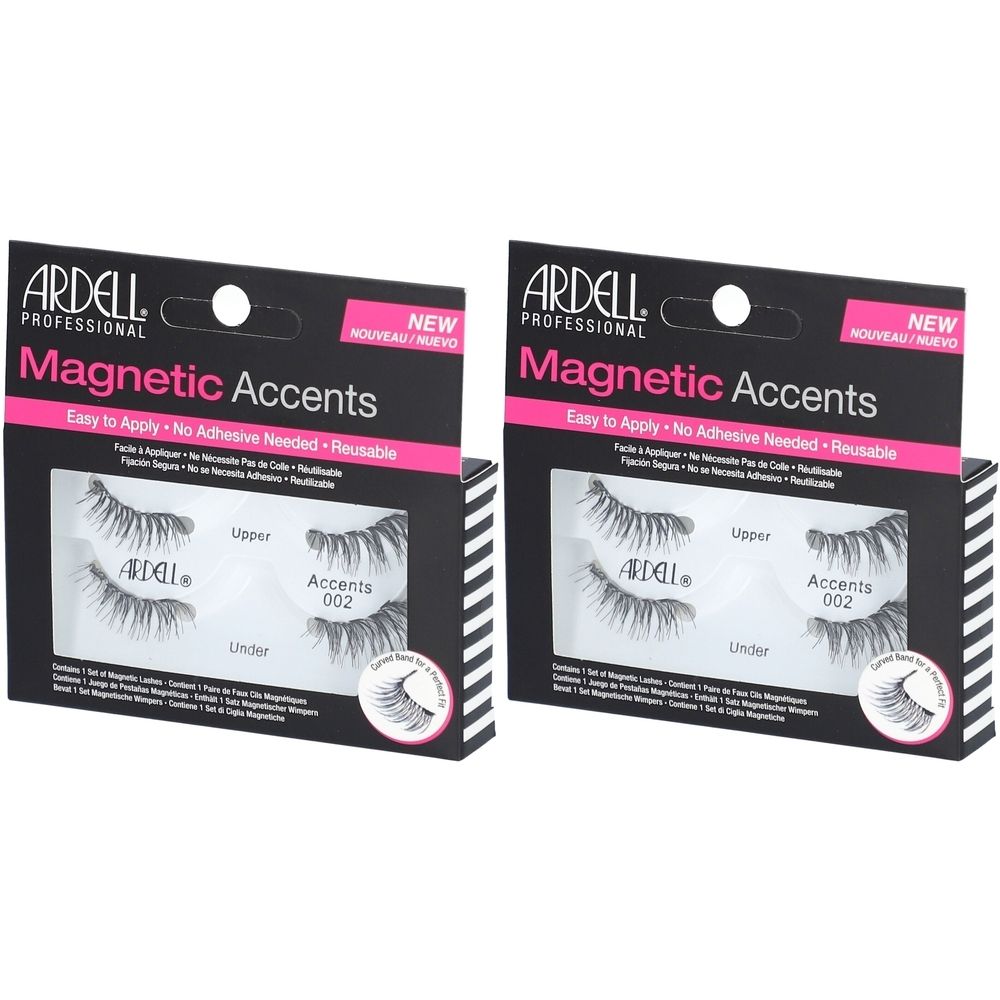 Zwei Packungen Ardell Magnetic Accents Wimpern. Schwarze Verpackung mit rosa Akzenten. "Neu"-Label.