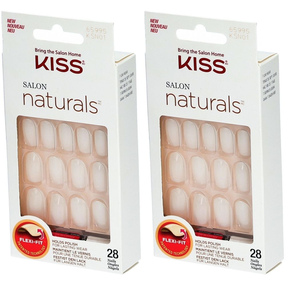 Zwei Packungen mit künstlichen Nägeln. Marke: Kiss Salon Naturals. Weiße Nägel in einer Schachtel mit 28 Stück.