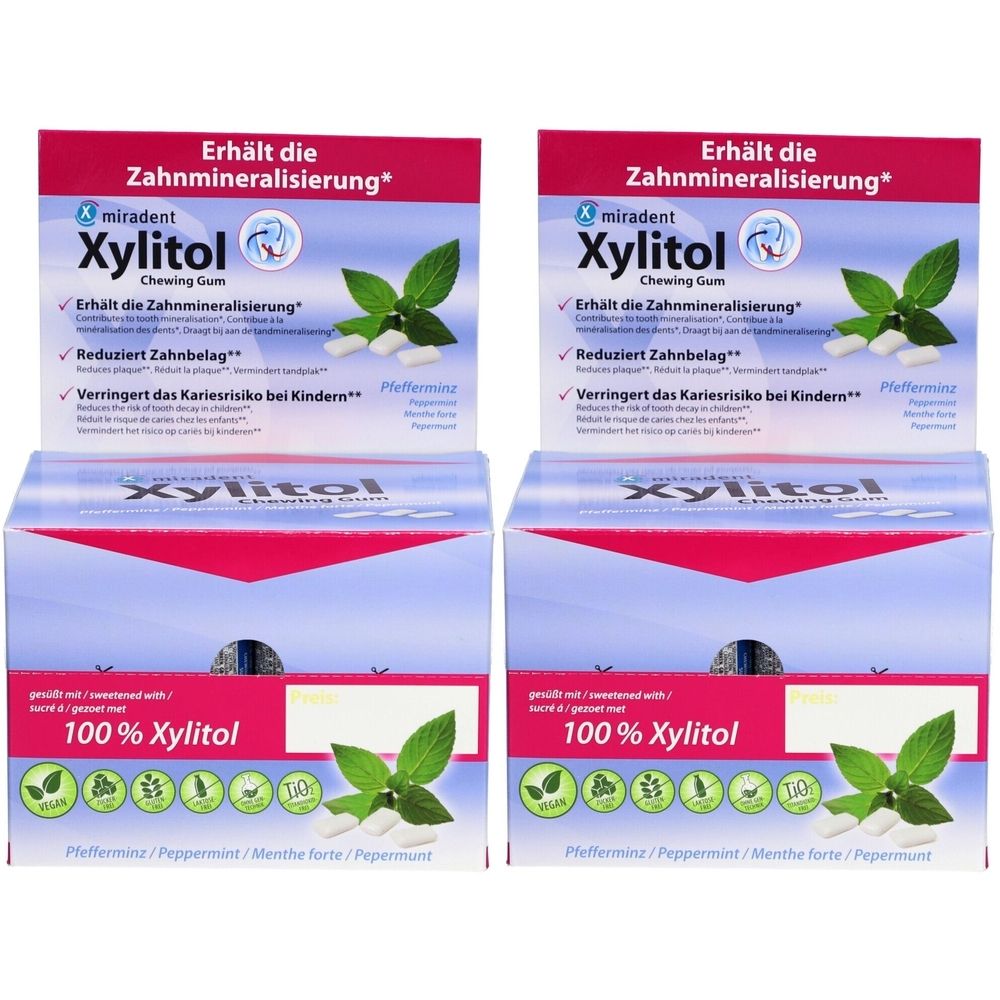 Mehrere Packungen Kaugummi. Aufdruck: miradent Xylitol, 100% Xylitol, mit Minzblatt und Kaugummis.