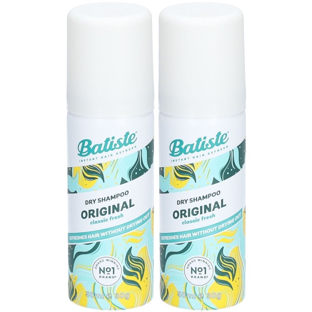 Zwei zylindrische Behälter. Aufschrift: Batiste, Dry Shampoo Original. Türkis-gelbes Design. Weiße Kappen.