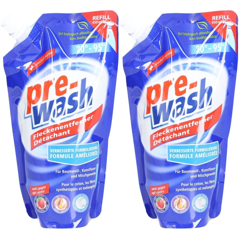 Zwei blaue Nachfüllbeutel mit weißer Aufschrift "pre-wash". Text: Fleckenentferner, Détachant. Refill 450 ml.