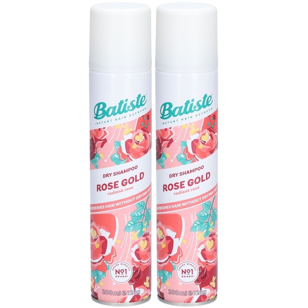 Deux flacons de Batiste Dry Shampoo Rose Gold. Motif de roses roses. Bouchons blancs.