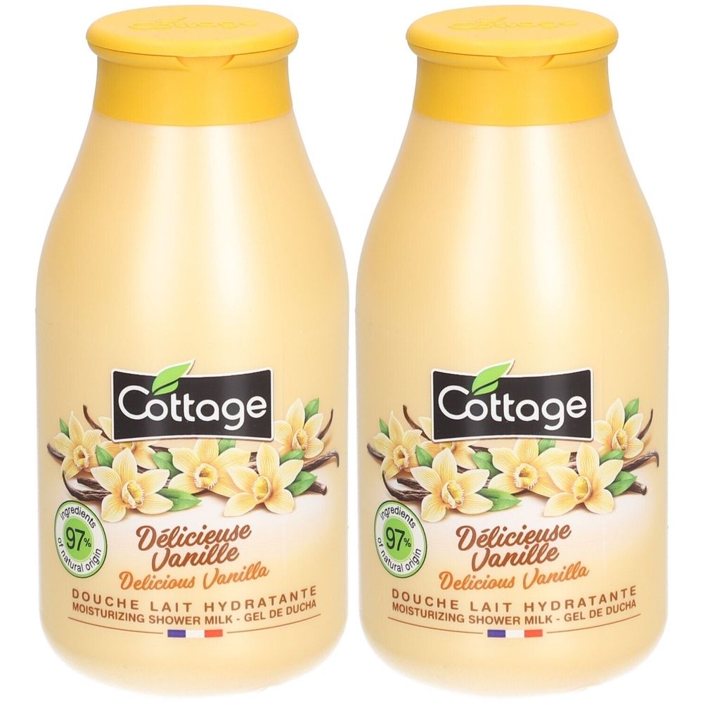 Zwei Flaschen Duschmilch. Aufschrift: Cottage, Délicieuse Vanille, 97% natürliche Inhaltsstoffe. Gelbe Kappe und Flaschenhals.