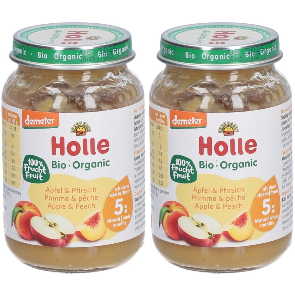 Deux pots de Holle Bio-Pomme et Pêche. Inscription : Bio-Organic, 100% fruits, Pomme & pêche. Label Demeter. Dès 5 mois.