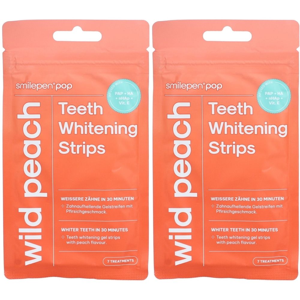 Zwei orangefarbene Verpackungen mit "smilepen pop" und "wild peach" Aufdruck. Enthält "Teeth Whitening Strips".