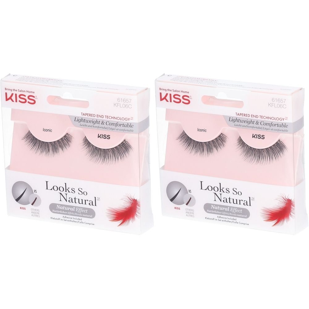 Zwei Packungen Wimpern. Aufschrift: KISS Looks So Natural. Verpackung mit transparentem Fenster, Wimpern sichtbar.