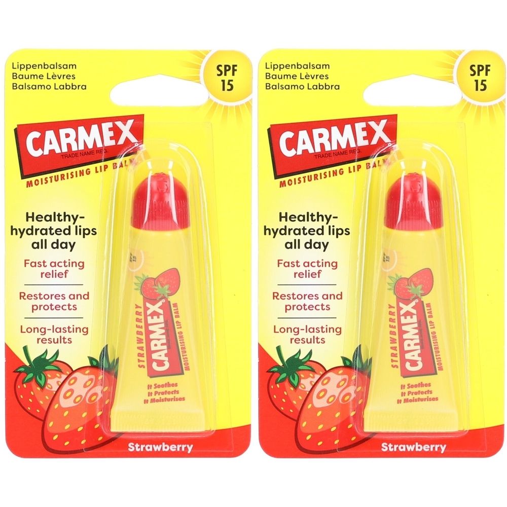 Zwei CARMEX Lippenbalsam Erdbeere SPF15 in Blisterverpackung. Gelbe Tube mit rotem Deckel. Aufdruck: CARMEX, Erdbeere, SPF15.