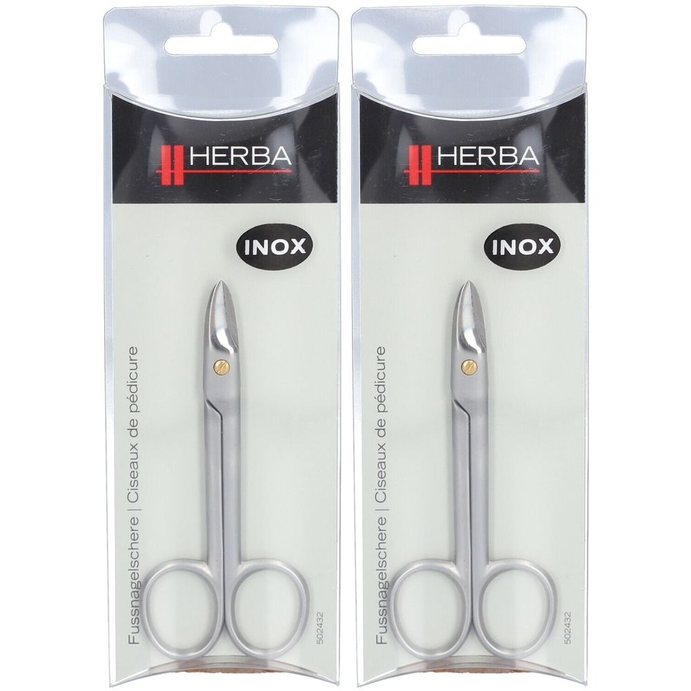 Zwei Herba® Fusspflegeschere Inox in Verpackung. Edelstahl, gebogene Klingen, Ringgriffe. Aufschrift: INOX, Fussnagelschere.