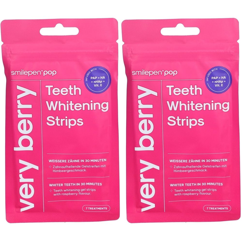 Zwei Packungen mit rosa Aufdruck. Aufschrift: smilepen pop, Teeth Whitening Strips, very berry. Enthält 7 Behandlungen.