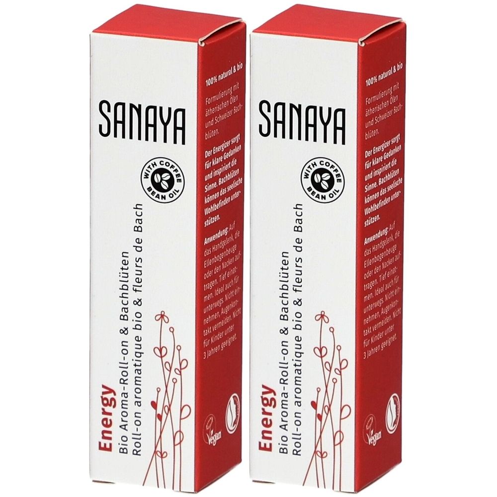 Deux boîtes rectangulaires avec le dessus rouge. Inscription : SANAYA, Energy, Bio Aroma-Roll-on & Bachblüten. Avec huile de grains de café.