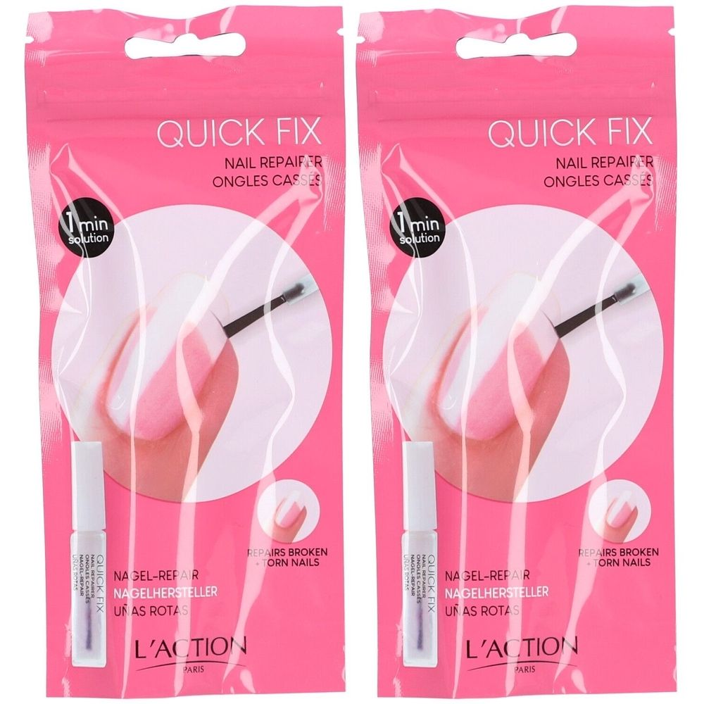 Zwei Nagelreparatur-Produkte in rosa Verpackung. Aufschrift: Quick Fix, Nagel-Repair. L'ACTION PARIS. Enthält einen Pinsel.