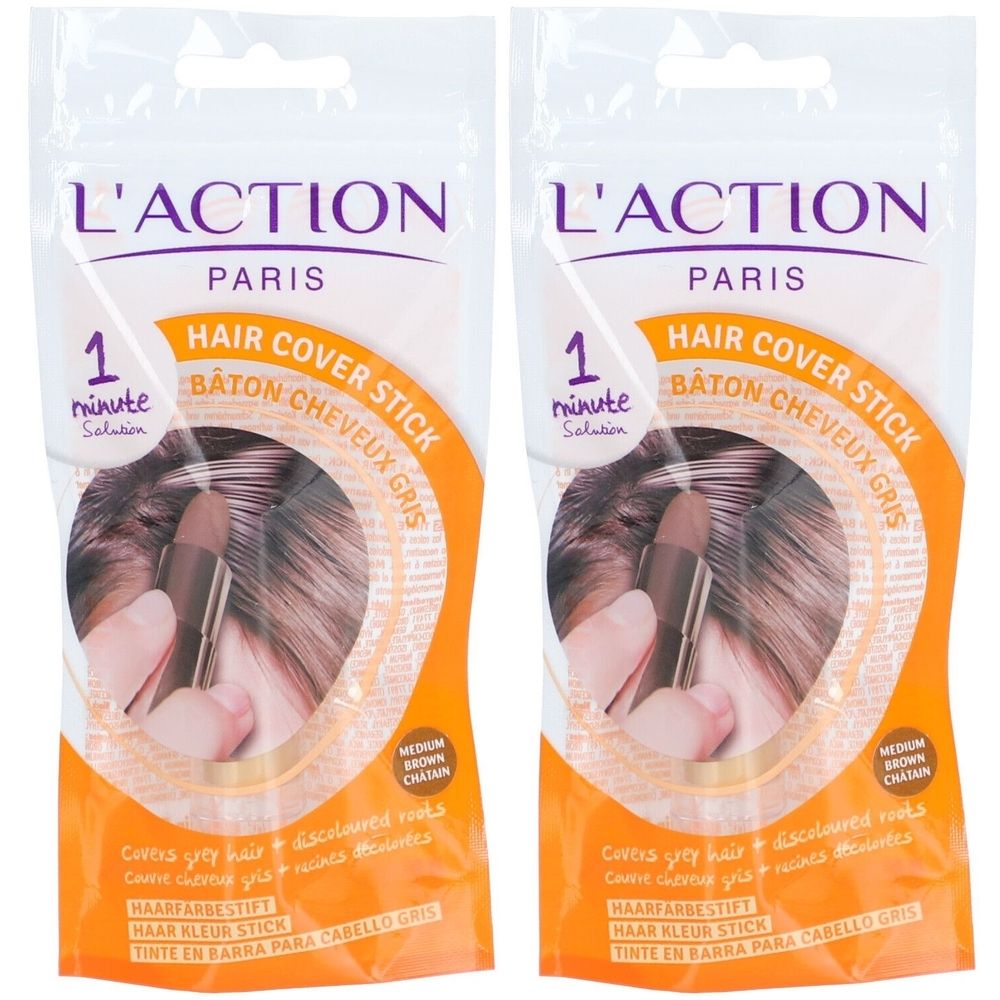 Zwei Packungen L'ACTION Haarfärbestift kastanienbraun. Verpackung mit Produktabbildung und Produktbezeichnung.