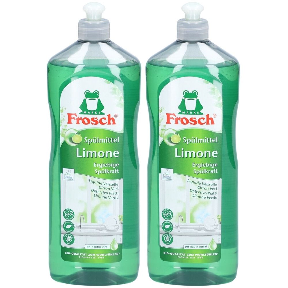 Zwei grüne Flaschen Spülmittel mit dem Logo "Frosch". Aufschrift "Limone".