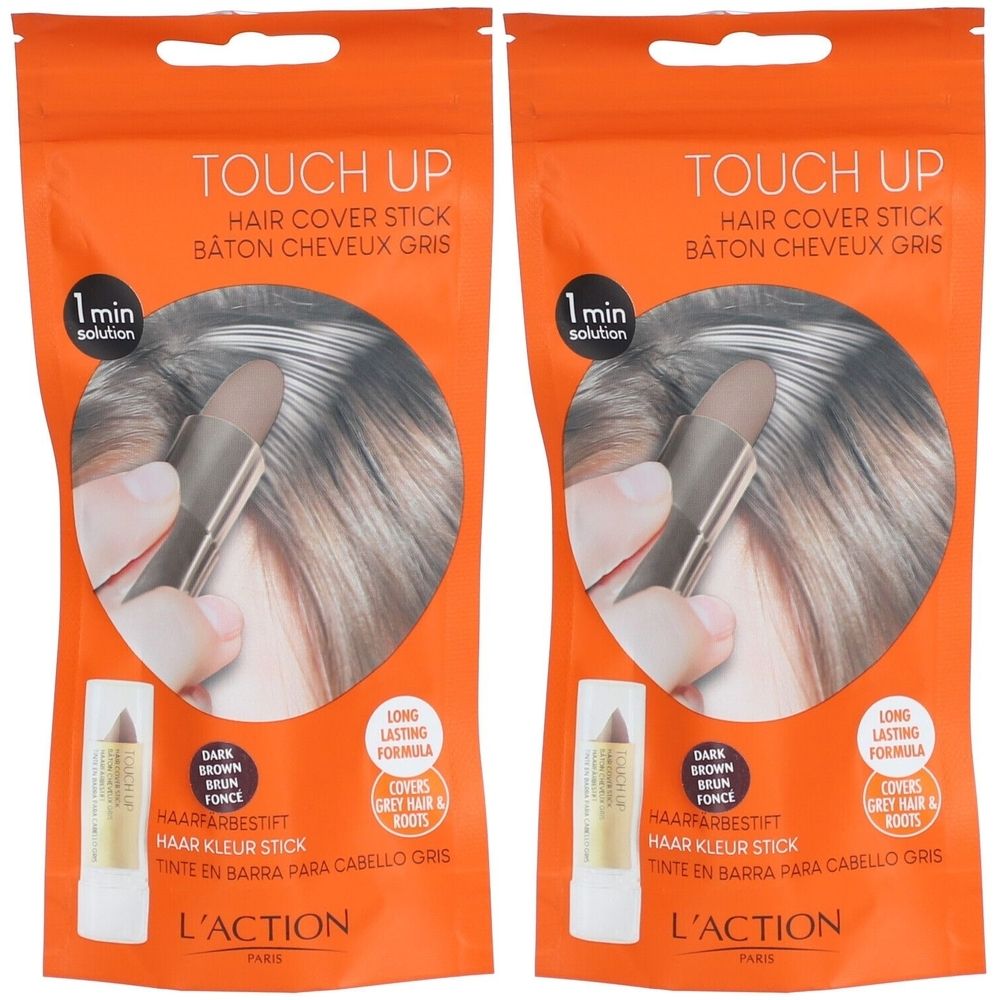Zwei Packungen L'ACTION COSMETIQUE Haarfärbestift braun. Orangefarbene Verpackung mit Produktabbildung und Text.