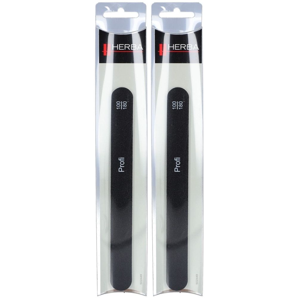 Zwei schwarze Nagelfeilen in transparenter Verpackung. Auf jeder Feile steht "Profi" und "100/180". Oben steht "HERBA".