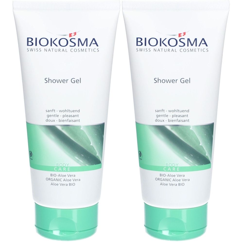 Deux tubes de gel douche. Blanc, avec des accents verts. Inscription: BIOKOSMA, Shower Gel, Body Care, Bio-Aloe Vera.
