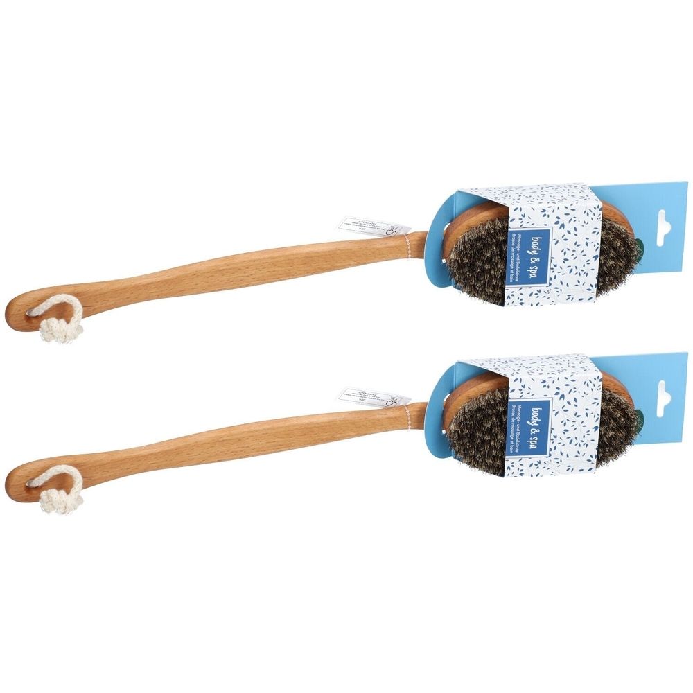 Zwei Holz-Bürsten mit langem Griff und ovalem Bürstenkopf. Verpackung mit blauem Etikett und Produktinformationen.