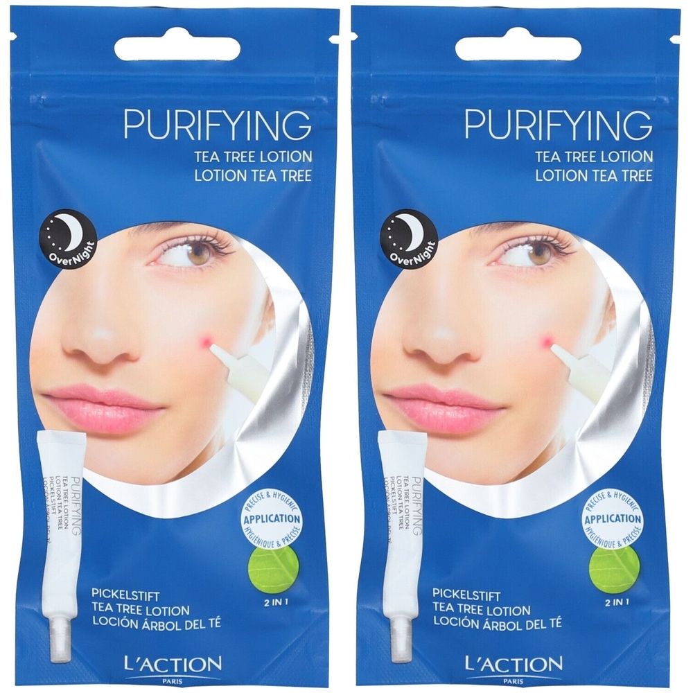 Zwei Beutel mit Pickelstift Tea Tree. Aufschrift: PURIFYING, Tea Tree Lotion, L'ACTION. Abbildung eines Gesichts mit Pickel und Applikator.