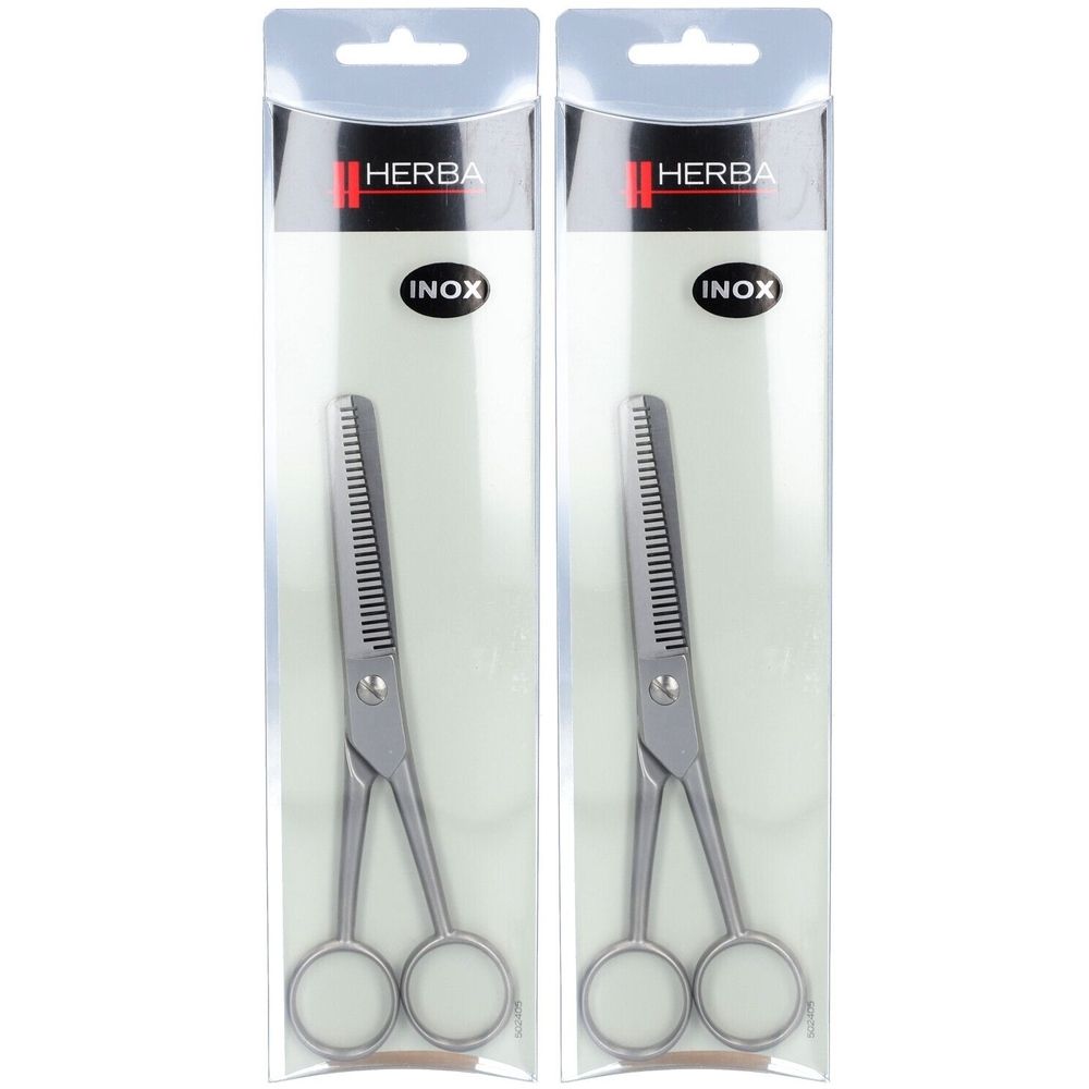 Zwei Effilierscheren in transparenter Verpackung. Marke Herba, Inox-Stahl. Sichtbare Klingen mit Zähnen.