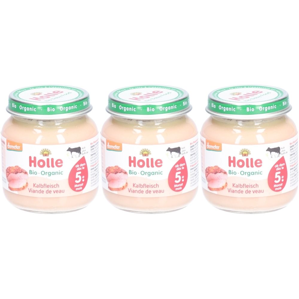 Drei Gläser Holle Bio-Organic Kalbfleisch. Gläser mit grünem Deckel und Etikett mit Produktinformationen. Aufschrift: 5+.