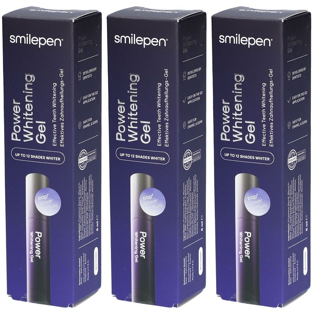 Drei Schachteln Smilepen Power Whitening Gel. Aufschrift: Power Whitening Gel, bis zu 12 Nuancen heller. Enthält PAP-Formel.