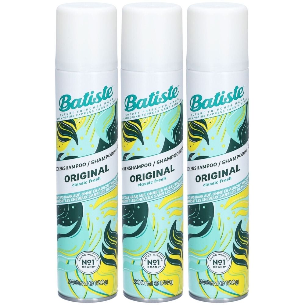 Drei weiße Sprühflaschen mit dem Logo von Batiste. Aufschrift: Original, classic fresh. Unten: Nr. 1 Marke.