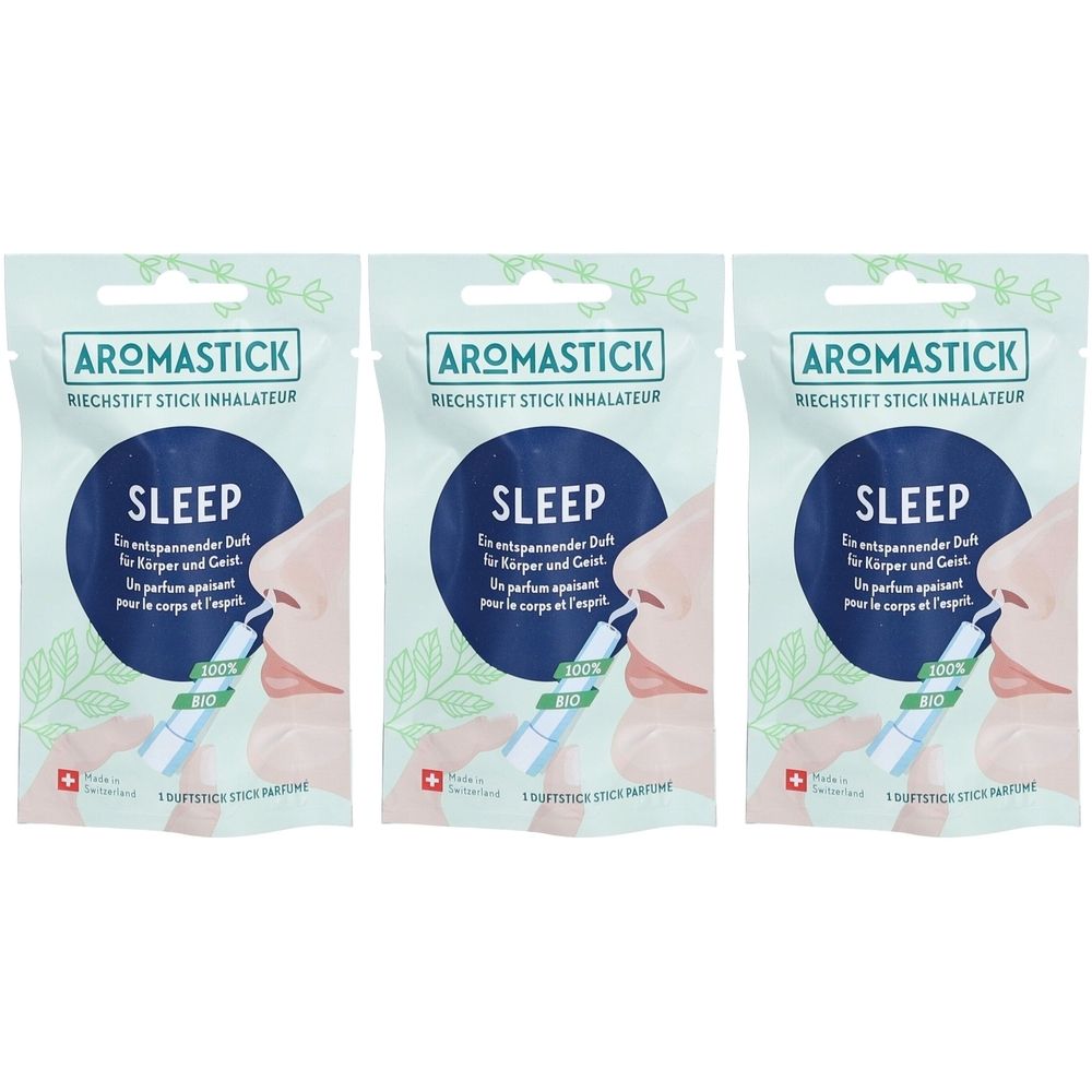 Drei Aromastick-Inhalatoren mit der Aufschrift "SLEEP". Jedes Päckchen zeigt ein Gesicht mit einem Inhalator. Grün-weiß Verpackung.