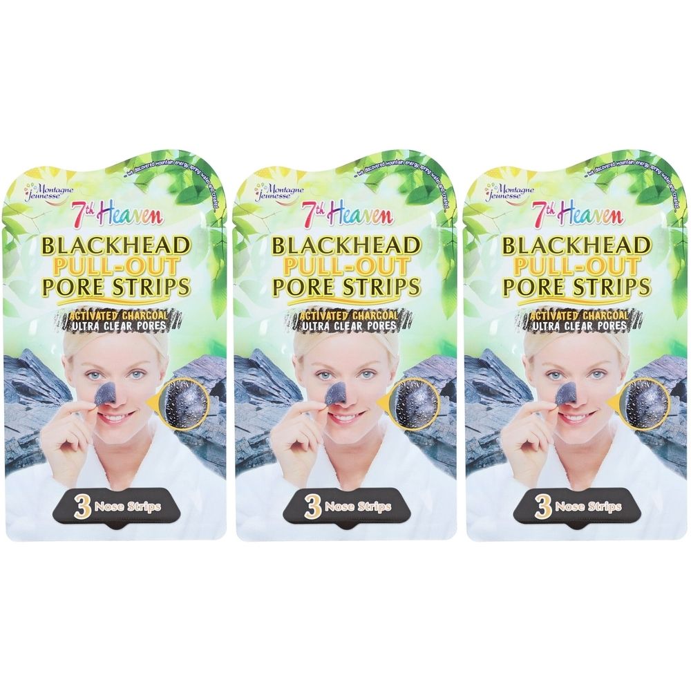 Drei Packungen 7th Heaven Blackhead Pore Strips. Jede Packung zeigt eine Frau mit einem Strip auf der Nase und enthält 3 Strips.