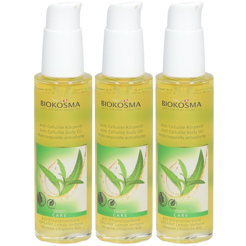 Trois flacons d'huile corporelle BIOKOSMA. Têtes de pompe blanches, huile jaune. Inscription: Anti-Cellulite Body Oil, BIO Lemon Verbena.